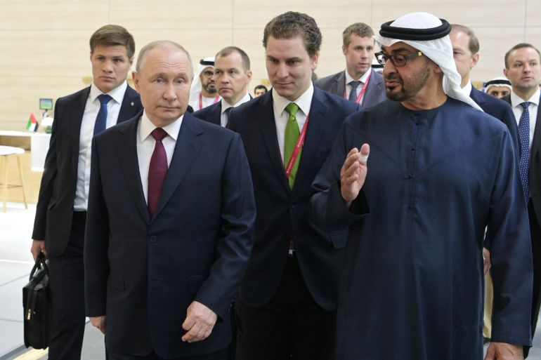 Russian President Vladimir Putin and UAE President Sheikh Mohamed bin Zayed al-Nahyan tour the UAE pavilion at the Saint Petersburg International Economic Forum (SPIEF) in Saint Petersburg on June 16, 2023.