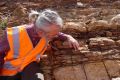 Professor Jochen Brock inspecting an ancient rock face in northern Australia. He is wearing a hig vis shirt and has grey hair tied back in a pony tail.