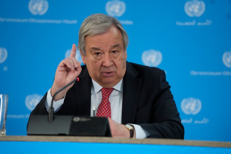 U.N secretary General Antonio Guterres addresses the media during a visit to the U.N. office in the capital Nairobi, Kenya Wednesday, May 3, 2023. Guterres said the international community needs to come together and put pressure on warring generals in Sudan for the conflict to end. (AP Photo/Khalil Senosi)