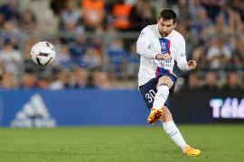 Lionel Messi scored PSG&#39;s only goal against Strasbourg in their draw on May 27, 2023, at Stade de la Meinau stadium in Strasbourg [Jean-Francois Badias/AP Photo]