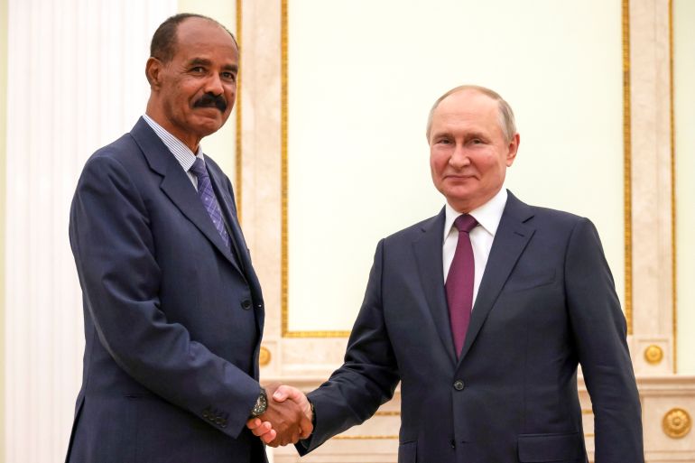 Russian President Vladimir Putin, right, and President of the State of Eritrea Isaias Afwerki pose for a photo prior to their talks at the Kremlin in Moscow, Russia, Wednesday, May 31, 2023 [Mikhail Metzel, Sputnik, Kremlin Pool Photo via AP]
