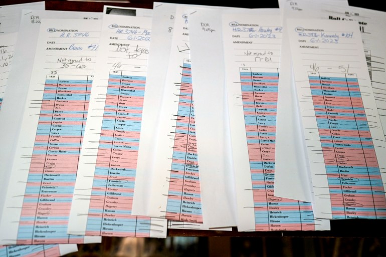 Folhas de apuração de votos para as emendas que foram discutidas e rejeitadas antes da aprovação do projeto de lei.  As folhas mostram os nomes dos senadores e como eles votaram.