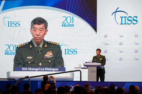 Chinese Defense Minister Li Shangfu delivers his speech on the last day of the 20th International Institute for Strategic Studies' Shangri-La Dialogue