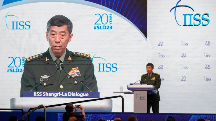 Chinese Defense Minister Li Shangfu delivers his speech on the last day of the 20th International Institute for Strategic Studies' Shangri-La Dialogue