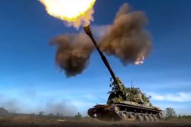 This photo taken from video released by Russian Defense Ministry Press Service on Monday, June 5, 2023 shows a Russian self-propelled gun firing towards Ukrainian positions at an undisclosed location. (Russian Defense Ministry Press Service via AP)