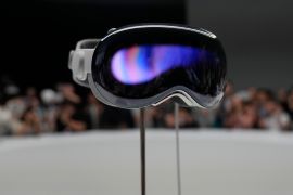 The Apple Vision Pro headset is displayed in a showroom on the Apple campus in Cupertino, California, US