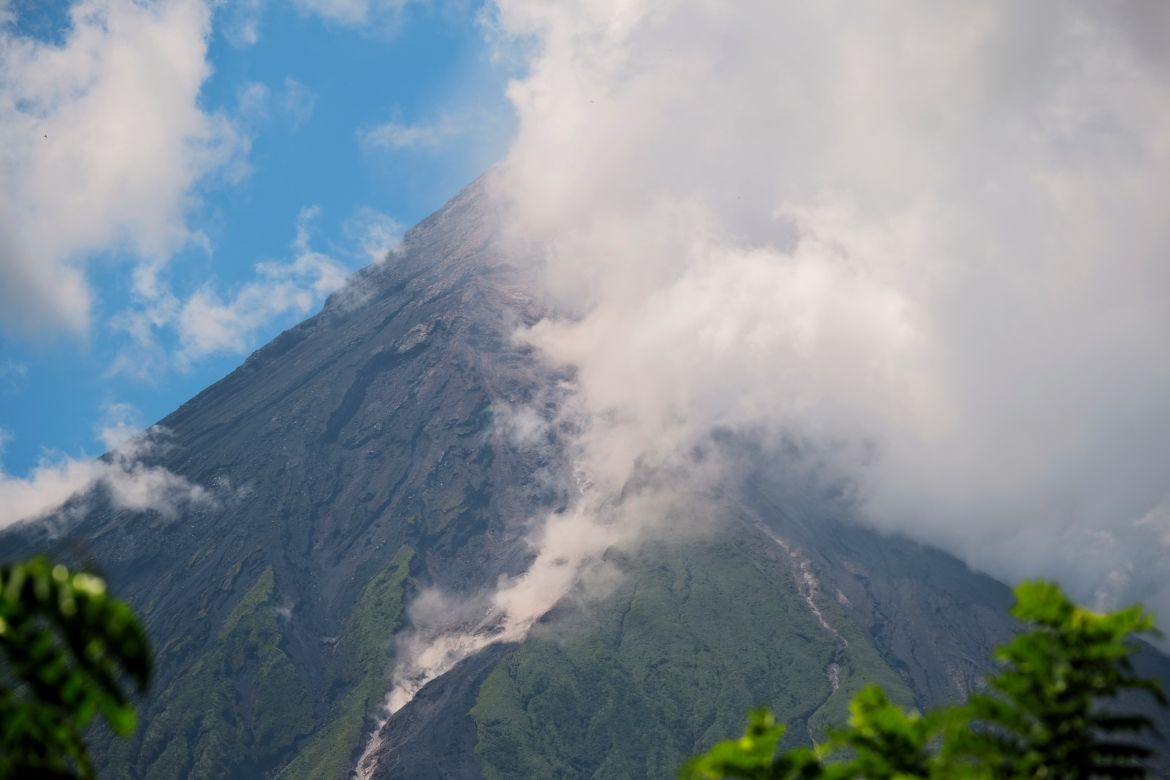Mayon Volcano spews white smoke as seen from Daraga