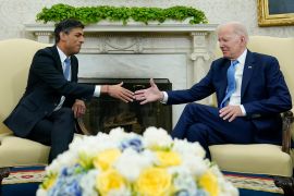 President Joe Biden shakes hands with British Prime Minister Rishi Sunak as they meet in the Oval Office of the White House in Washington, DC, the US [Susan Walsh/The Associated Press]