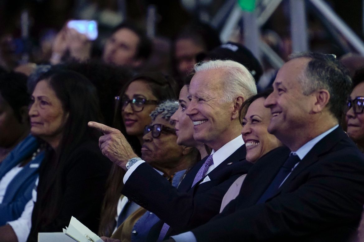President Joe Biden gestures as Ledisi performs during a Juneteenth concert
