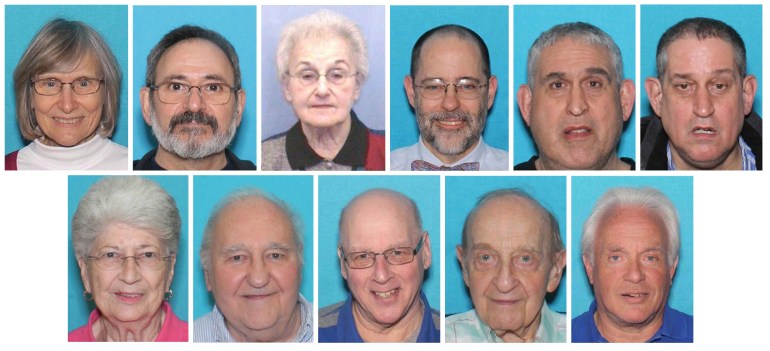Headshots representing the 11 victims of the Tree of Life synagogue shooting: oyce Fienberg, Richard Gottfried, Rose Mallinger, Jerry Rabinowitz, Cecil Rosenthal, David Rosenthal, Bernice Simon, Sylvan Simon, Dan Stein, Melvin Wax, and Irving Younger