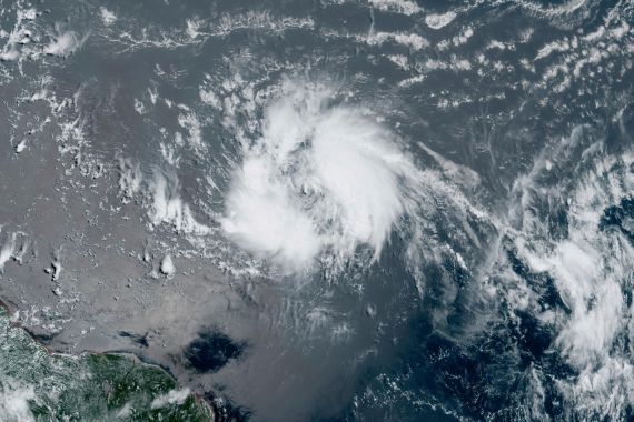 This GeoColor satellite image taken Tuesday, June 20, 2023 and provided by NOAA, shows Tropical Storm Bret as it chugged toward the eastern Caribbean. (NOAA via AP)