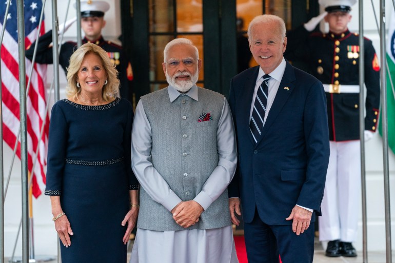 President Joe Biden and first lady Jill Biden welcome Indian Prime Minister Narendra Modi to the White House for a private dinner, Wednesday, June 21, 2023, in Washington. (AP Photo/Evan Vucci)