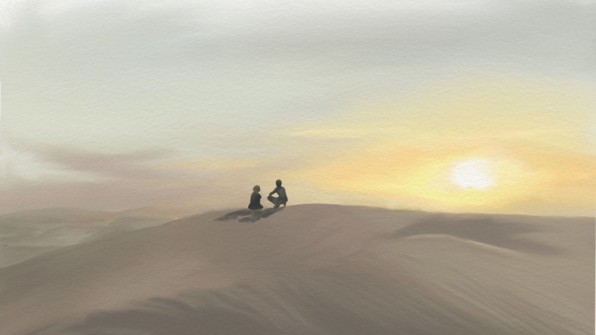 An illustration of a sand dune with two people sitting on it with the sun setting.