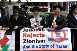 Counter protesters from the Hassidic Neturei Karta attend the Israel Parade in Midtown on June 04, 2023 in New York City.