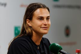 Aryna Sabalenka of Belarus holds her first news conference in three matches after pulling out of the last two press conferences for mental health reasons [Frey/TPN/Getty Images]