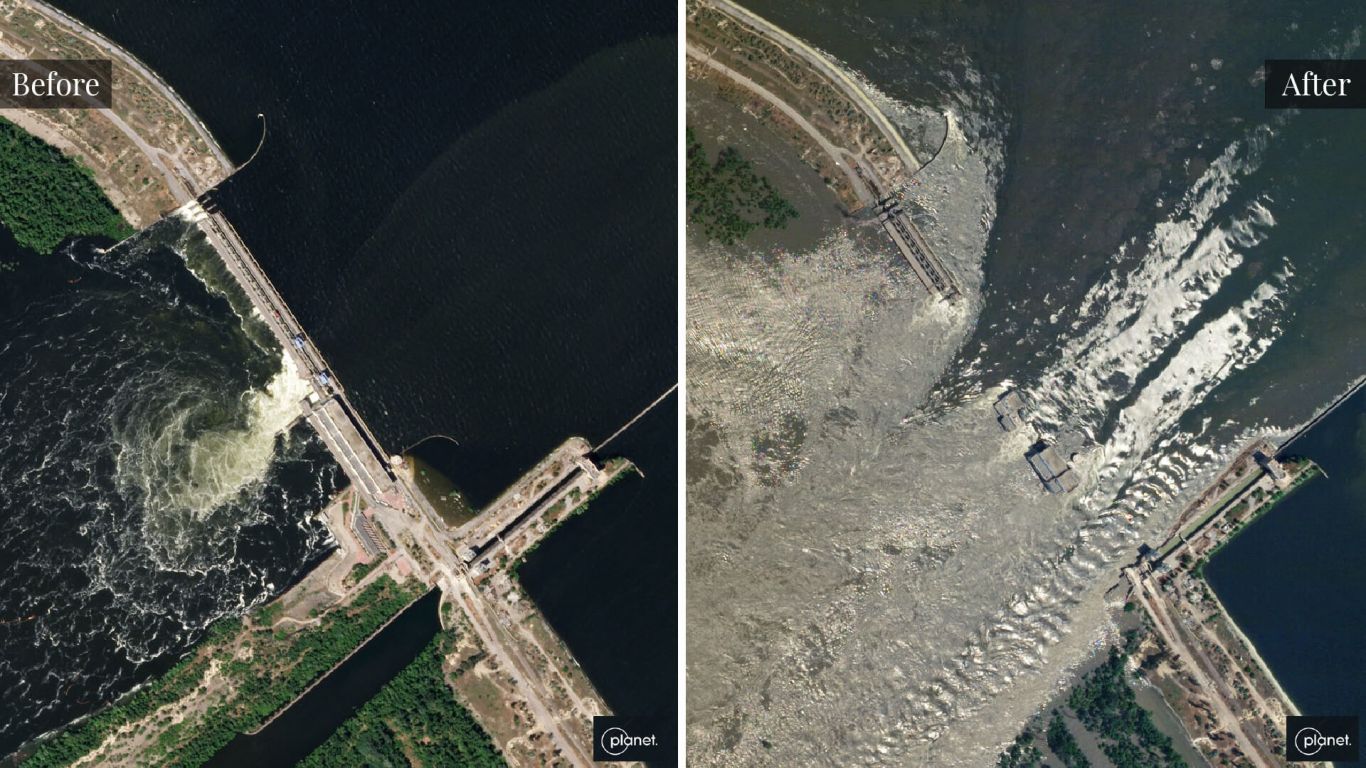Before and after Kakhovka dam