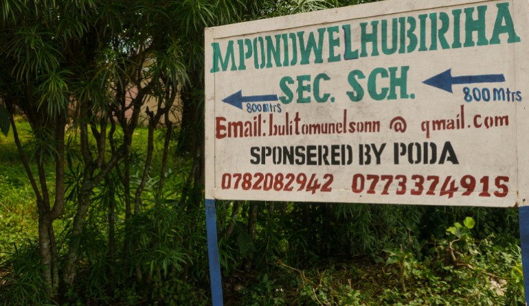 Signpost for at Lhubirira Secondary School in Mpondwe, Uganda 