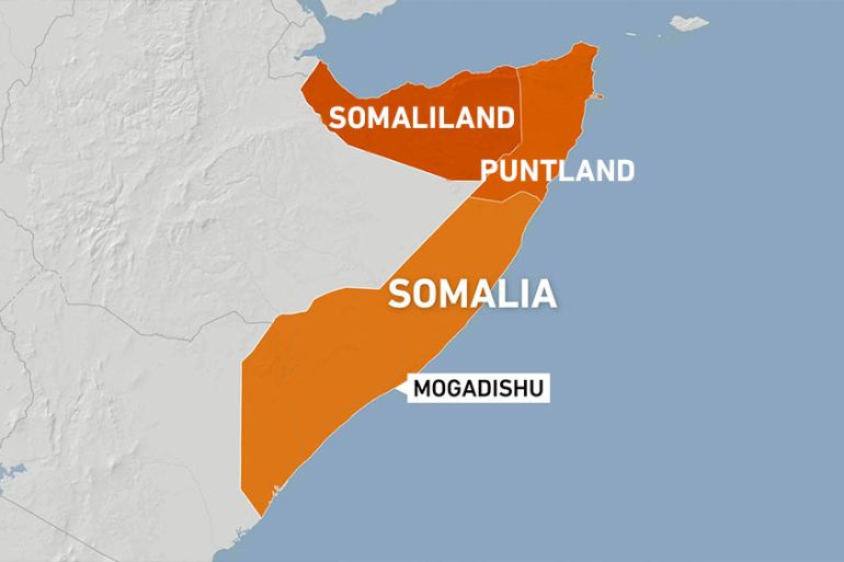 Map of Somalia showing Puntland and Somaliland regions