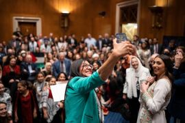A photo of Congresswoman Rashida Tlaib and attendees of a Nakba event on Capitol Hill