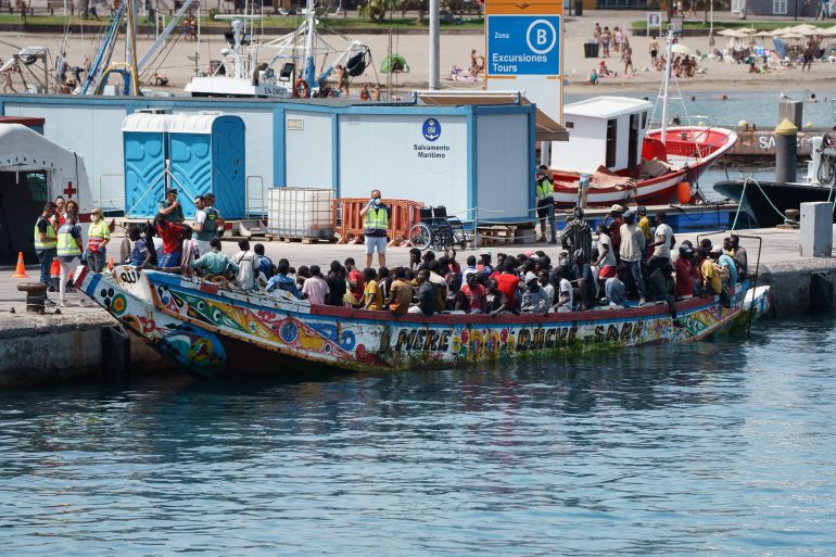 A group of 157 migrants arrive at Los Cristianos harbor, Tenerife, Canary Islands, Spain