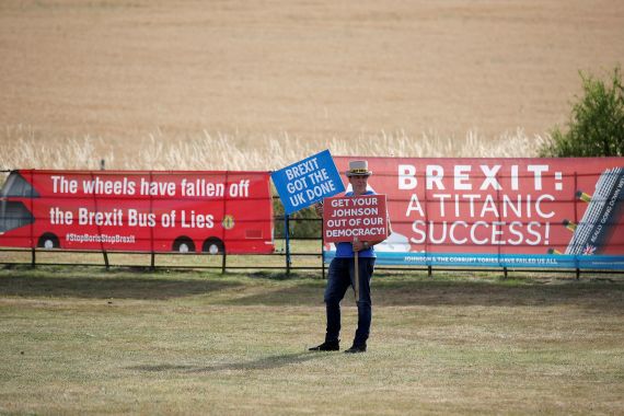 Anti-Brexit demonstrator Steve Bray protests near Chequers, the official country residence of the Prime Minister, near Aylesbury in Buckinghamshire Britain