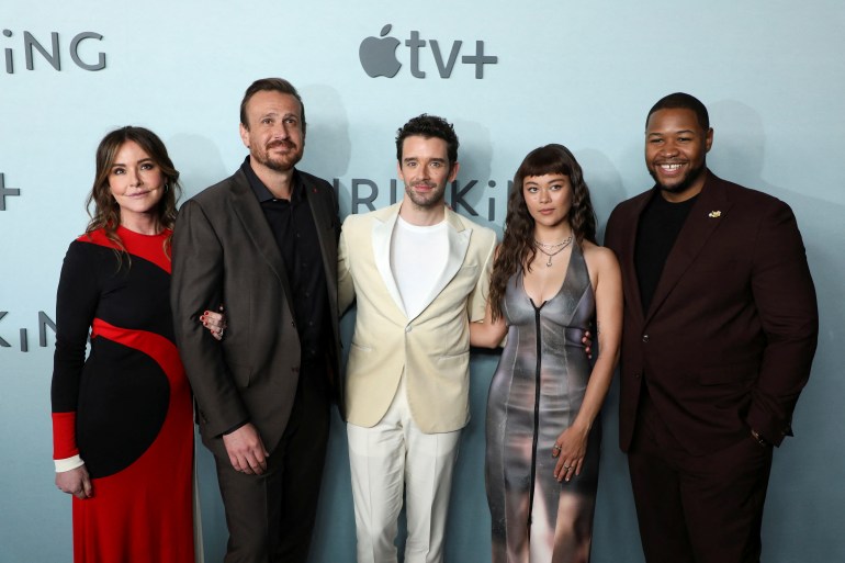 Christa Miller, Jason Segel, Michael Urie, Lukita Maxwell, and Luke Tennie attend the premiere of Apple TV+'s "Shrinking" at Directors Guild of America, Los Angeles