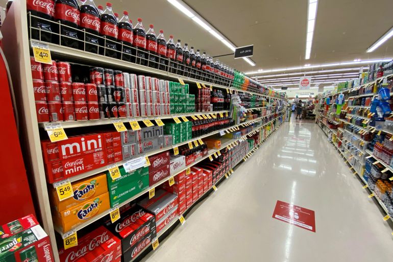 FILE PHOTO: Sodas on shelves at a Vons grocery store in Pasadena, California, U.S., June 10, 2020. REUTERS/Mario Anzuoni/File Photo