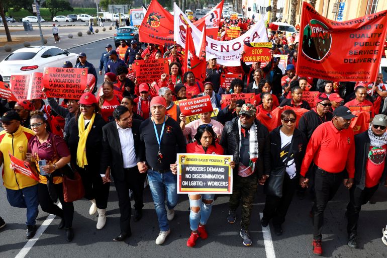 Members of the Congress of South African Trade Unions (COSATU), South Africa's biggest trade union group, and other labour unions, take part in a nationwide protest against the high cost of living and rising unemployment, in Cape Town, South Africa, July 6, 2023