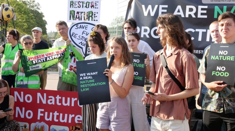 Climate activist Greta Thunberg attends a rally calling on members to pass a nature restoration law, near the European Parliament, in Strasbourg