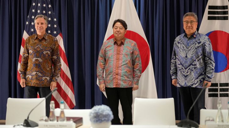 U.S. Secretary of State Antony Blinken, South Korean Foreign Minister Park Jin and Japan's Foreign Minister Yoshimasa Hayashi pose for the media during their meeting in Jakarta, Indonesia, Friday, July 14, 2023. Dita Alangkara/Pool via REUTERS