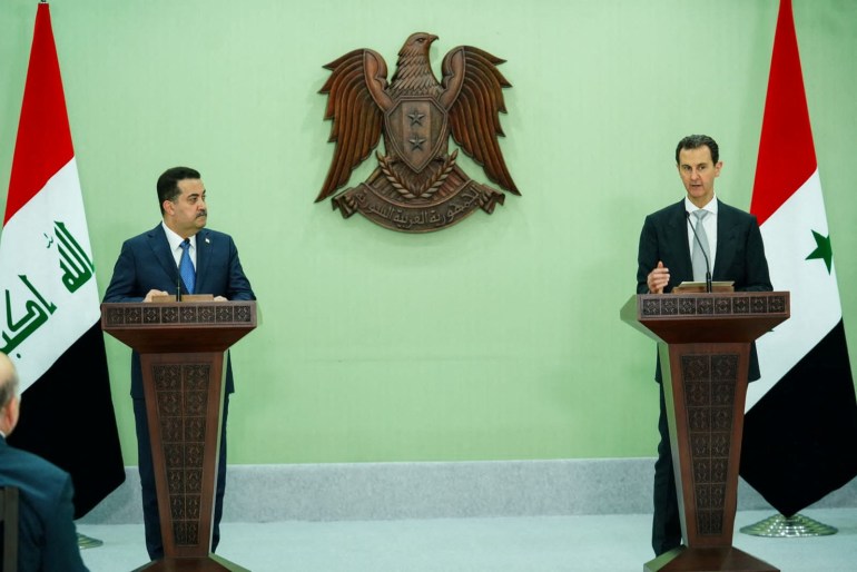 Syria's President Bashar al-Assad and Iraqi Prime Minister Mohammed Shia Al-Sudani attend a news conference, in Damascus, Syria July 16, 2023. Iraqi Prime Minister's Media Office/Handout via REUTERS THIS IMAGE HAS BEEN SUPPLIED BY A THIRD PARTY