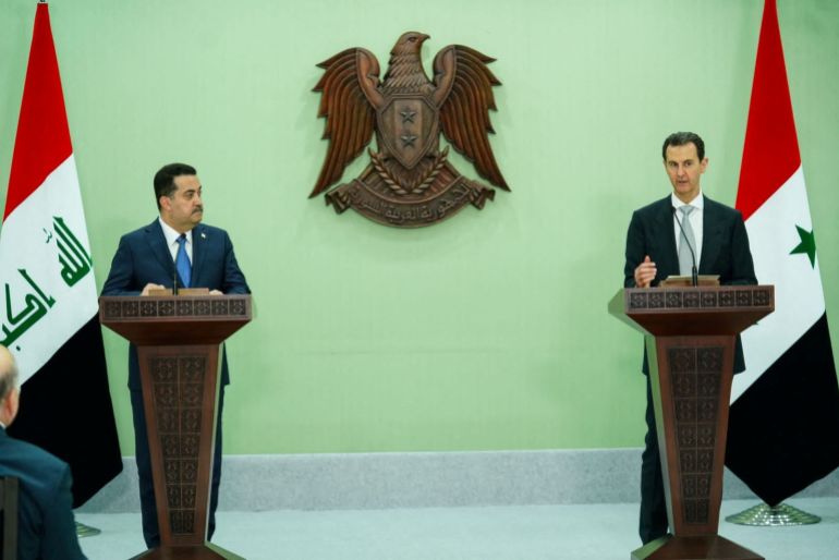Syria's President Bashar al-Assad and Iraqi Prime Minister Mohammed Shia Al-Sudani attend a news conference, in Damascus, Syria July 16, 2023. Iraqi Prime Minister's Media Office/Handout via REUTERS THIS IMAGE HAS BEEN SUPPLIED BY A THIRD PARTY