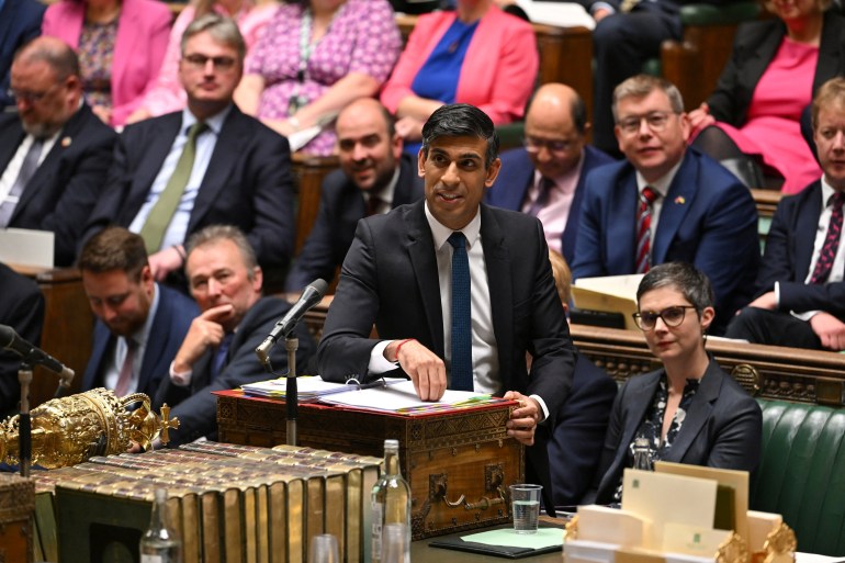 British Prime Minister Rishi Sunak speaks during Prime Minister's Questions, at the House of Commons in London