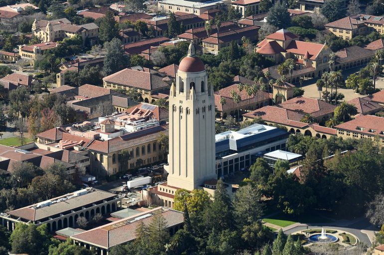 The Hoover Tower rises above the Stanford campus in California.