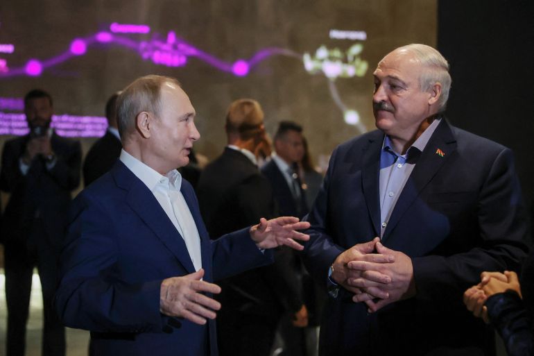 Russian President Vladimir Putin and Belarusian President Alexander Lukashenko visit the Museum of Naval Glory in Kronstadt near Saint Petersburg, Russia