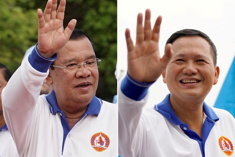 FILE PHOTO: This combination photo shows Cambodia's Prime Minister Hun Sen and his son Hun Manet during election campaign rallies in Phnom Penh, Cambodia, July 1, 2023 and July 21, 2023 respectively.