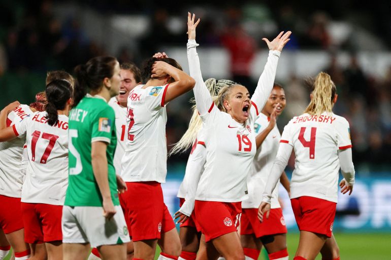 Canada's Adriana Leon celebrates scoring the winning goal in a match against the Republic of Ireland at the Women's World Cup