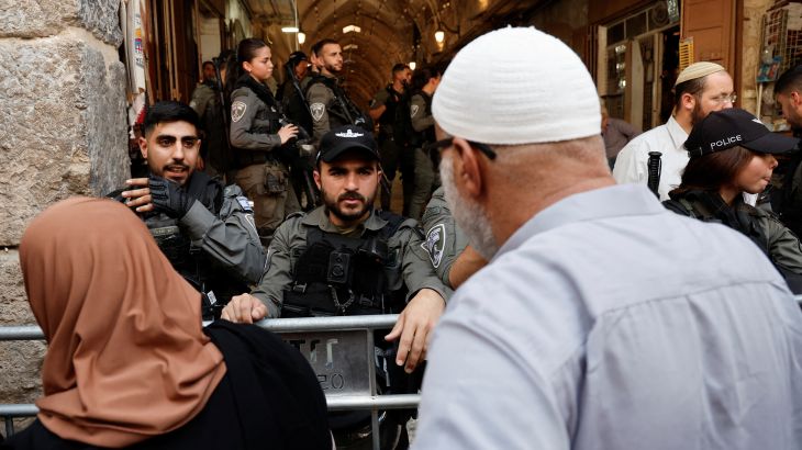 Israeli police blockade the entrance to Al-Aqsa compound also known to Jews as Temple Mount, following a visit to the site by Israel's hard-right National Security Minister Itamar Ben-Gvir, in Jerusalem's Old City