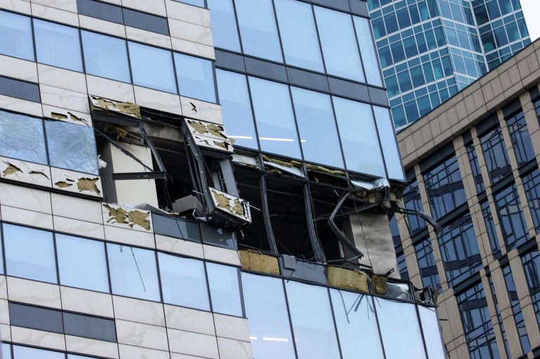 A view shows the damaged facade of an office building in the Moscow City following a reported Ukrainian drone attack in Moscow, Russia, July 30, 2023.