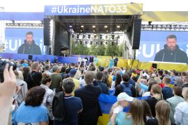 Ukrainian President Volodymyr Zelenskyy addresses the crowd at Lukiskiu Square in Vilnius