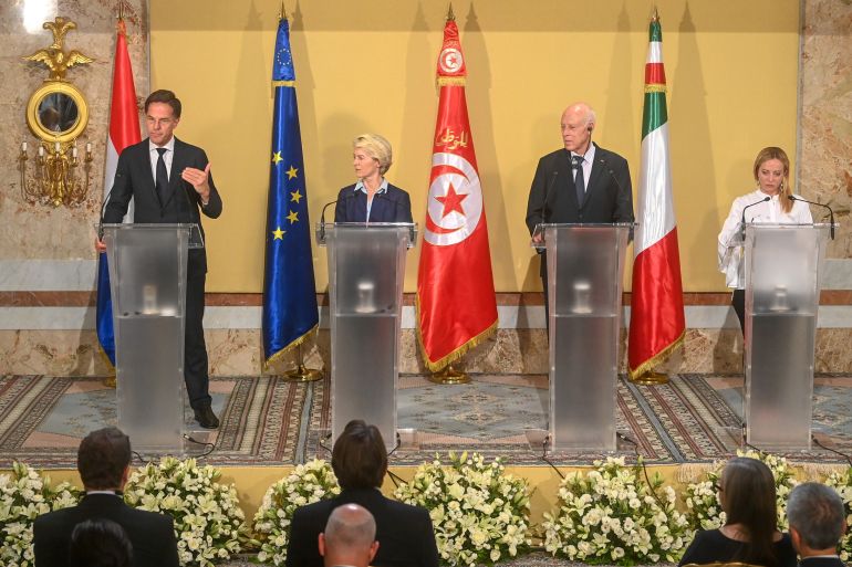 Netherlands' Prime Minister Mark Rutte, European Commission President Ursula Von der Leyen, Tunisia's President Kais Saied and Italy's Prime Minister Giorgia Meloni