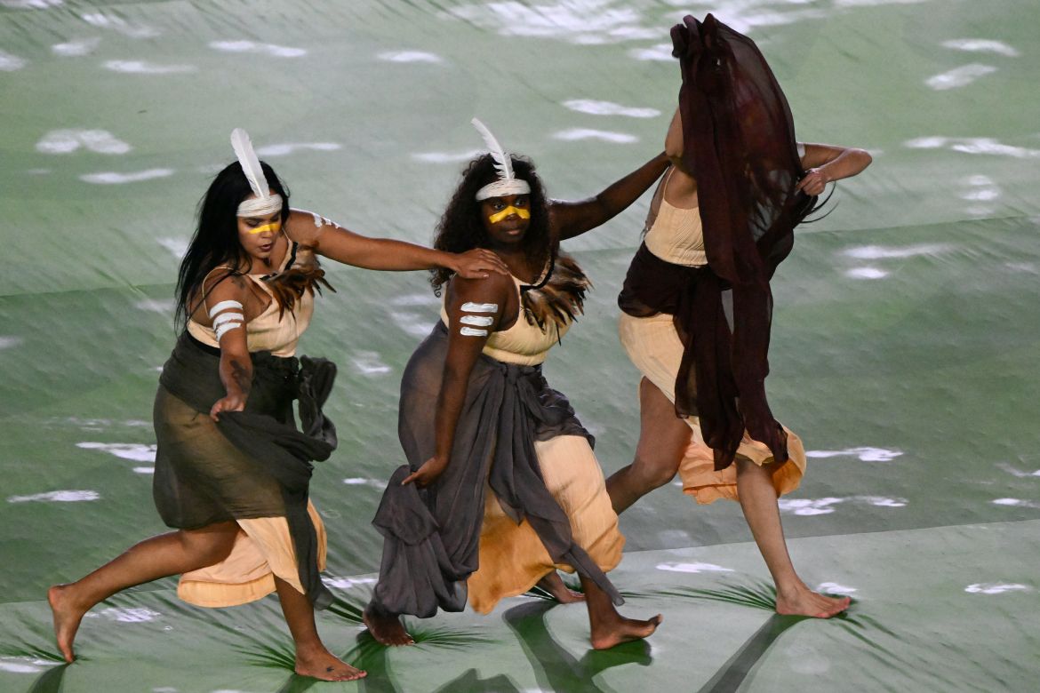 Members of the Tjarutja Dance Theatre Collective take part in the opening ceremony of the Australia and New Zealand 2023 Women's World Cup ahead of the Group A football match between New Zealand and Norway at Eden Park in Auckland