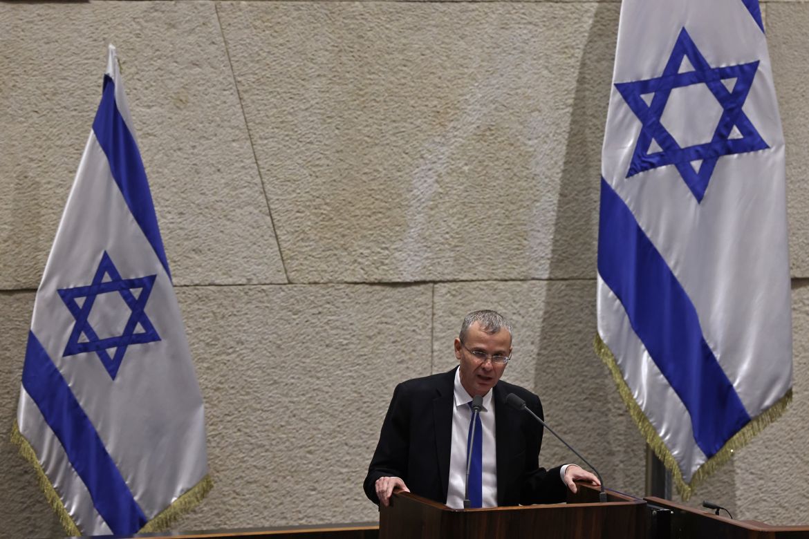 Israel's Minister of Justice Yariv Levin speaks during a parliament session
