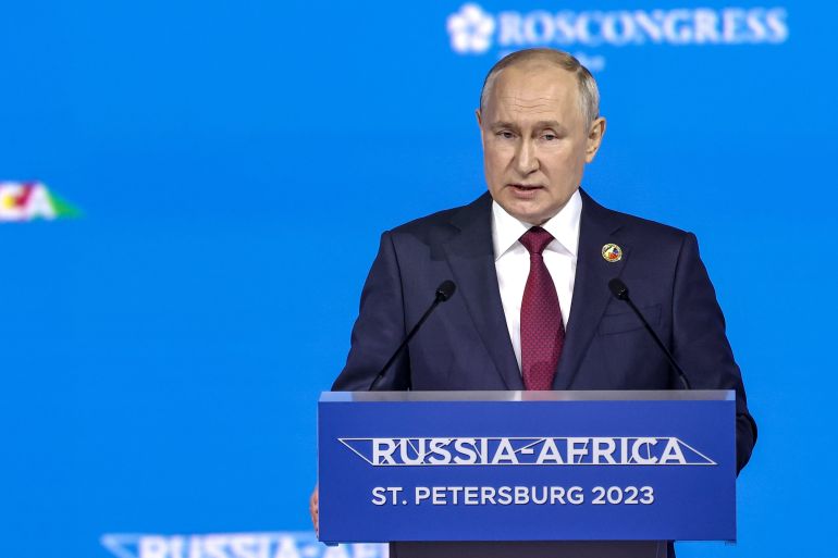 Russian President Vladimir Putin gives a speech at the plenary session of the second Russia-Africa summit in Saint Petersburg
