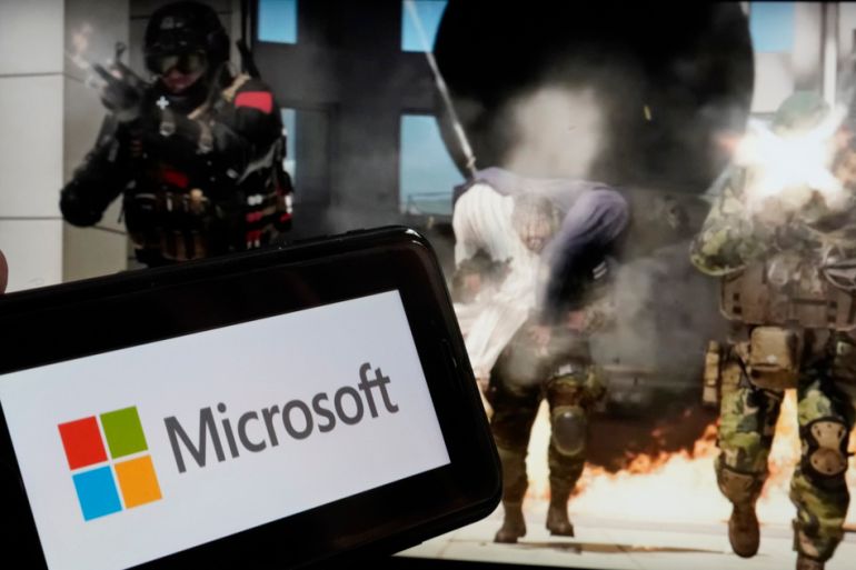 A Microsoft logo with a screenshot from a Call of Duty video game in the background