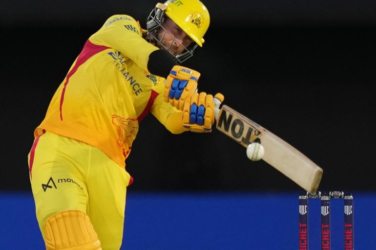Texas Super Kings' Devon Conway bats during the team's Major League Cricket match against the Los Angeles Knight Riders in Grand Prairie, Texas