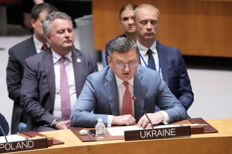 Ukrainian Foreign Minister Dmytro Kuleba speaks during a Security Council meeting on the situation in Ukraine, Monday, July 17, 2023 at United Nations headquarters. (AP Photo/Mary Altaffer)