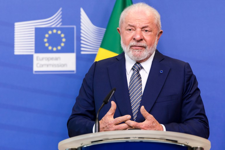 razil's President Lula da Silva addresses the media prior to a meeting with European Commission President Ursula von der Leyen at EU headquarters in Brussels, July 17, 2023. 