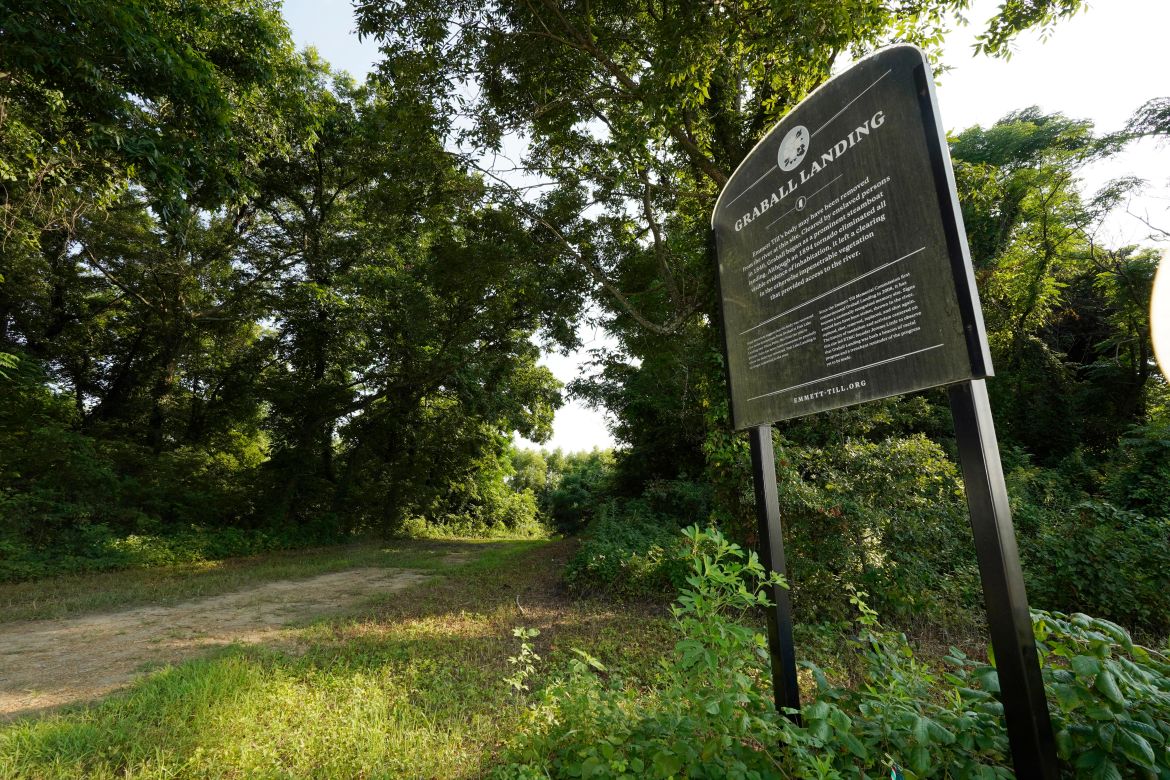 A memorial sign at Graball Landing, the spot where Emmett Till's body was pulled from the Tallahatchie River