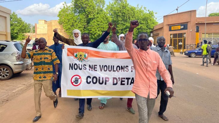 Supporters of Nigerien President Mohamed Bazoum demonstrate in his support in Niamey, Niger, Wednesday July 26, 2023